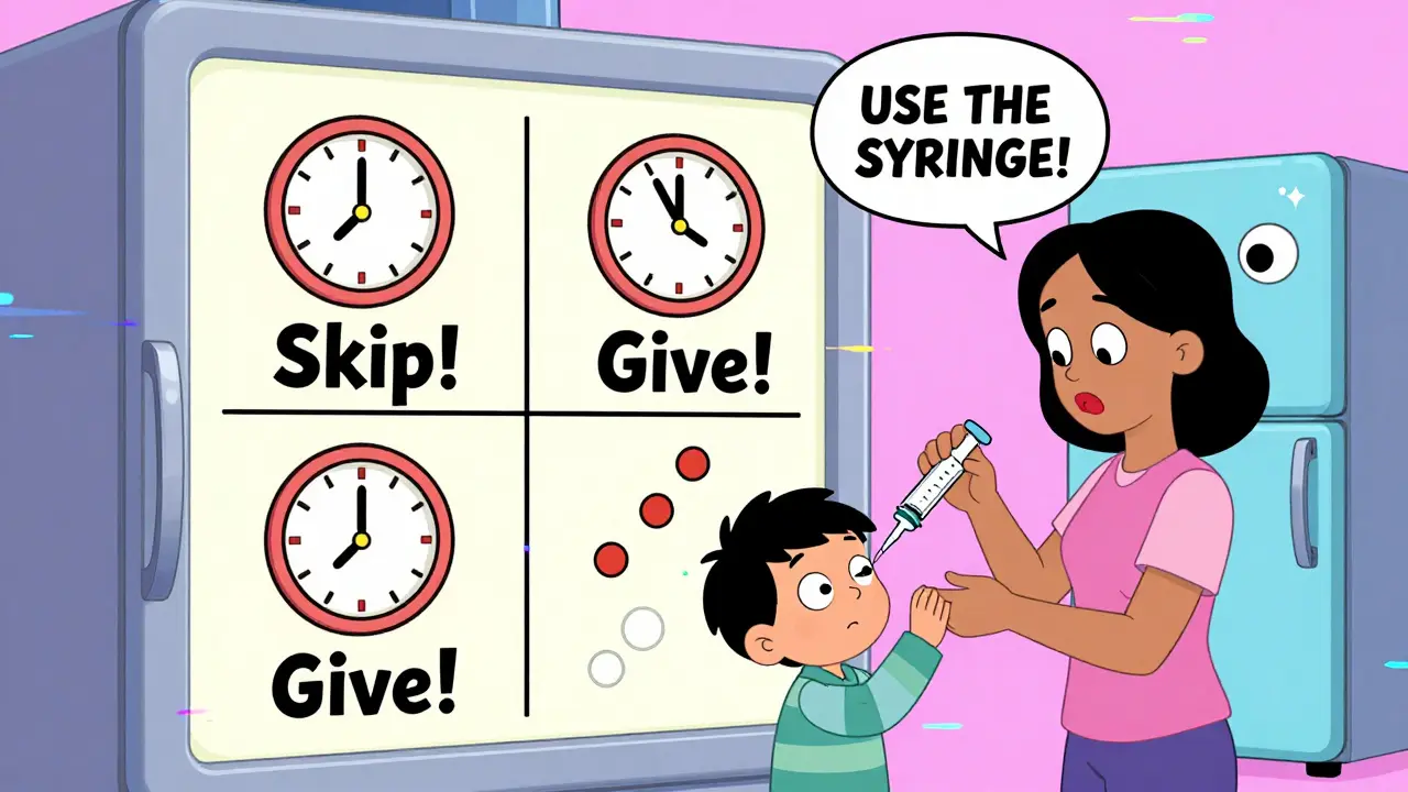 Colorful medication schedule chart on fridge with cartoon clocks and talking fridge giving advice.