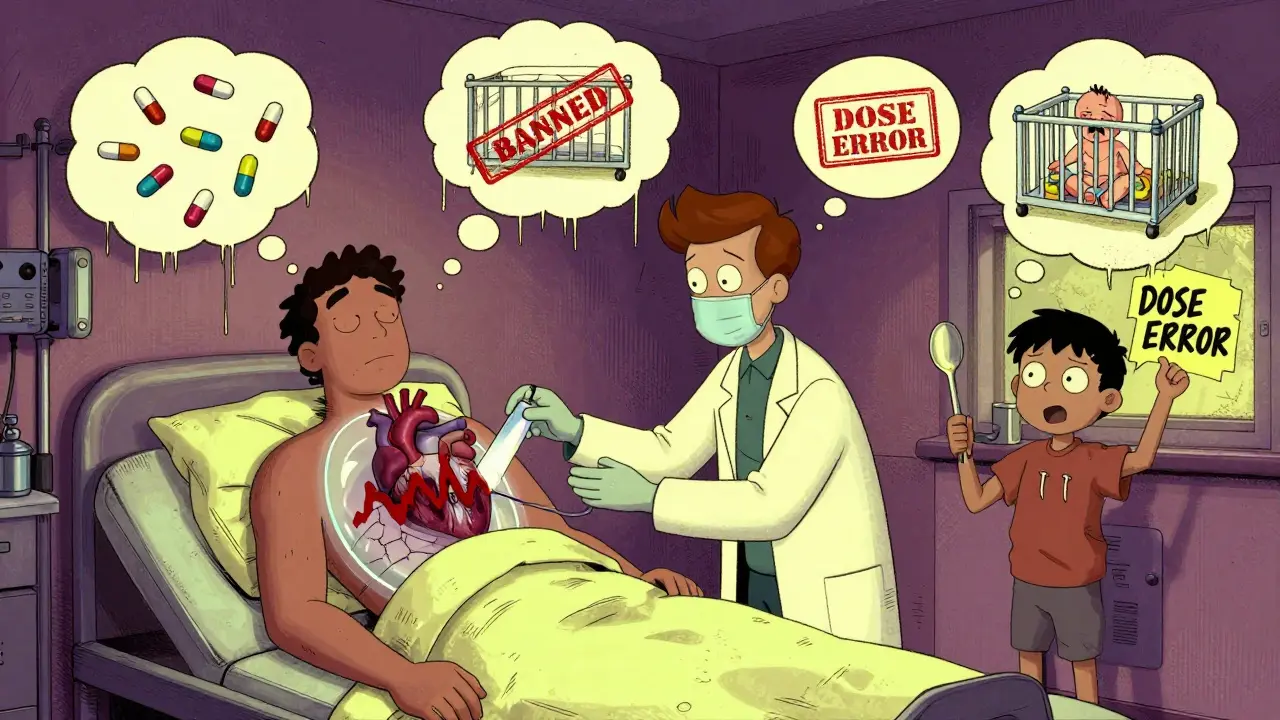 ER doctor treating patient with visible widened heart QRS complex and floating hallucinations.