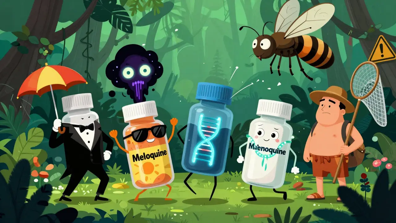 Four weird pill bottles dance in a jungle as a traveler faces a giant mosquito with a warning sign.