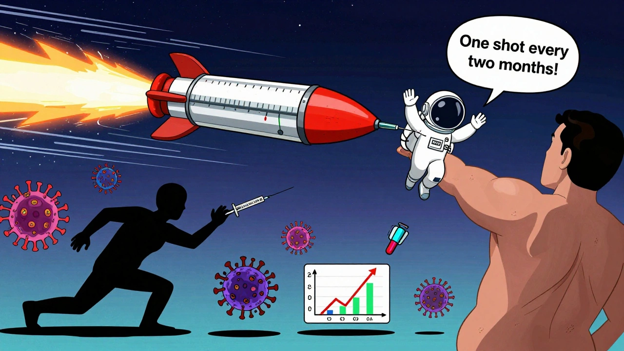 Futuristic syringe injecting into arm while a missed dose causes viral chaos.