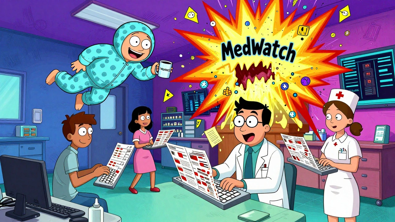 Healthcare workers typing on floating prescription pads as a giant MedWatch form explodes into data particles.