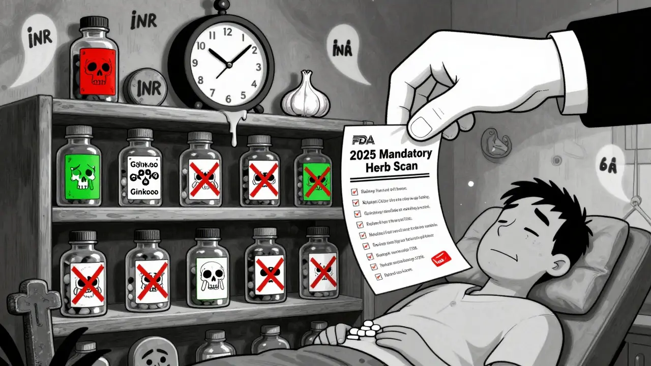 Herbal supplement bottles as gravestones in a pharmacy, giant FDA checklist falling, patient trembling with list in hand.