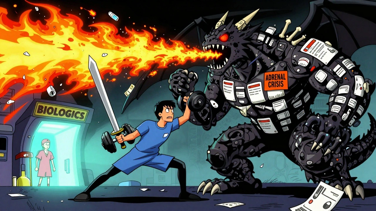 Hero fighting a steroid dragon made of pills and bones, with a portal to biologics in the background.