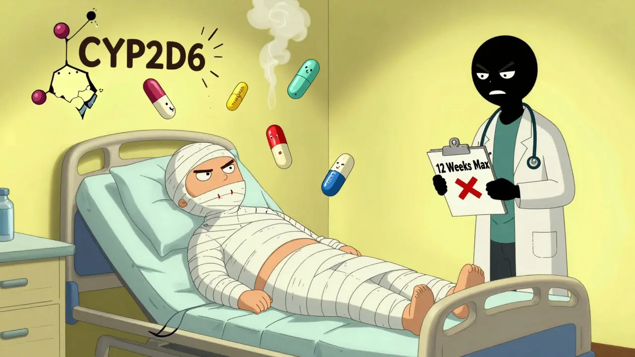 Hospital bed with angry pills and broken enzyme, doctor holding warning clipboard.