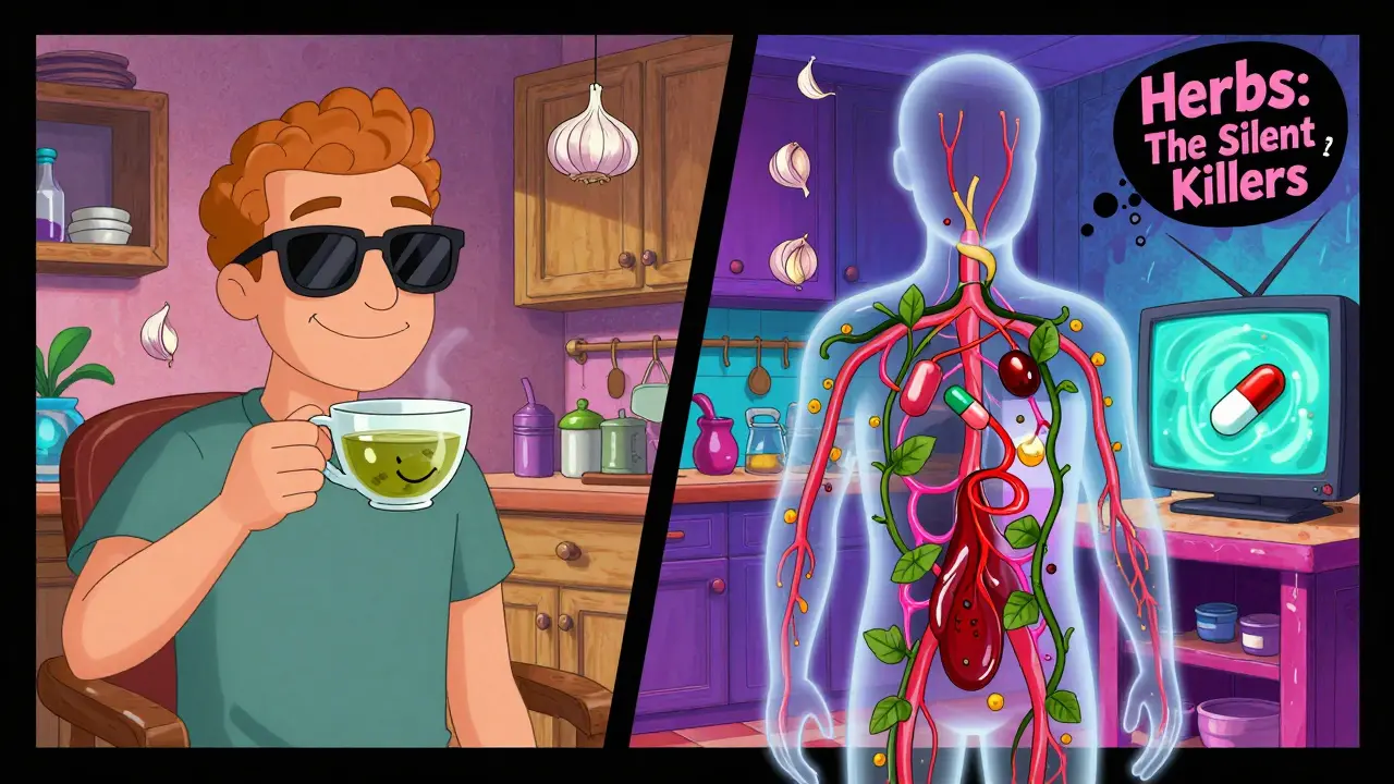 Man drinking green tea while his blood thins; ginger root smirks, St. John’s Wort vines strangle a pill, psychedelic kitchen.