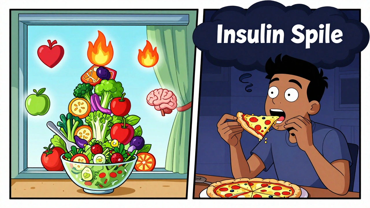 One person eats healthy food during their eating window while another binges at night, shown with contrasting health effects.