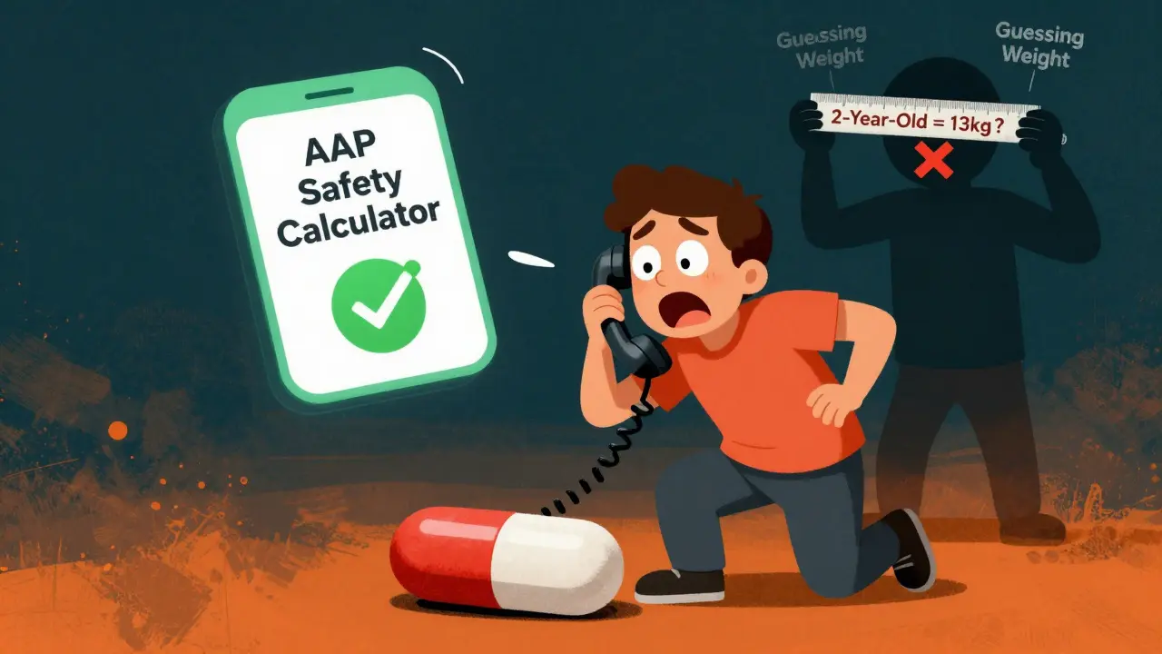 Parent calls pediatrician while AAP Safety Calculator app hovers nearby, shadowy figure misestimates child's weight.