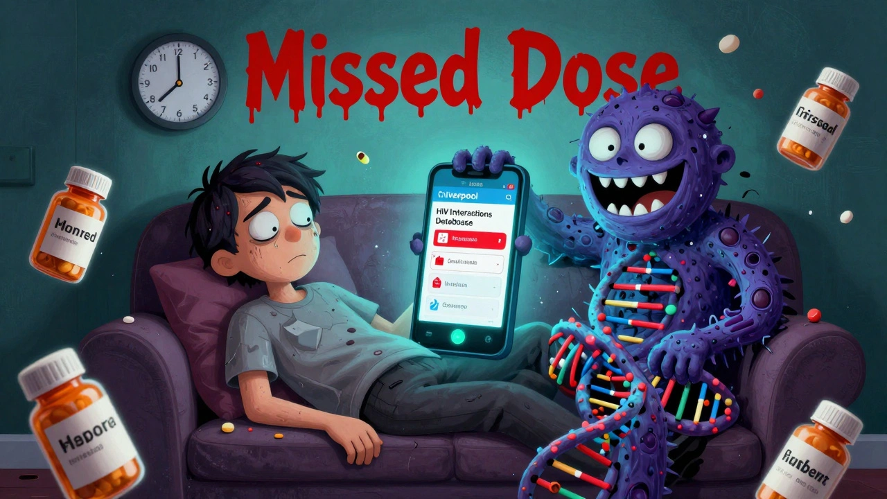 Patient surrounded by pill bottles with a DNA monster wrapping around them, phone showing drug alerts.