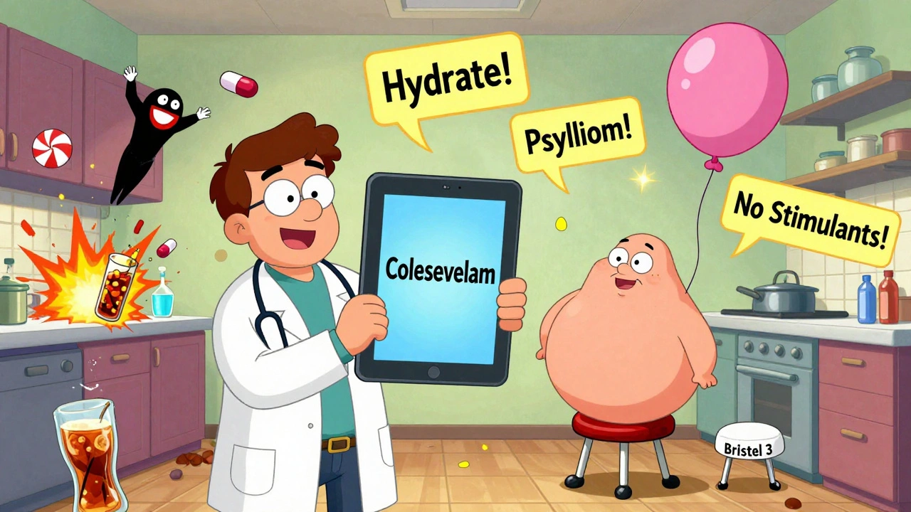 Patient with bloated belly and tiny stool floating away, doctor holding a large tablet, floating health tips around them.