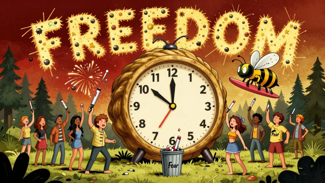 People celebrating freedom from fear, throwing away EpiPens as venom fireworks explode overhead.