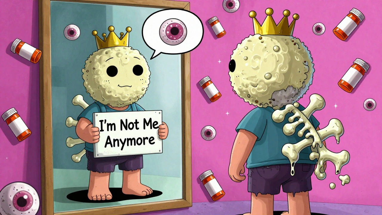 Person with puffy face staring at a distorted reflection showing bones and cataracts, prescription bottles raining down.