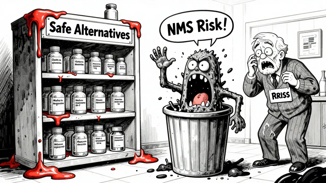 Pharmacy shelf with safe drug smiling as metoclopramide monster gets thrown away.