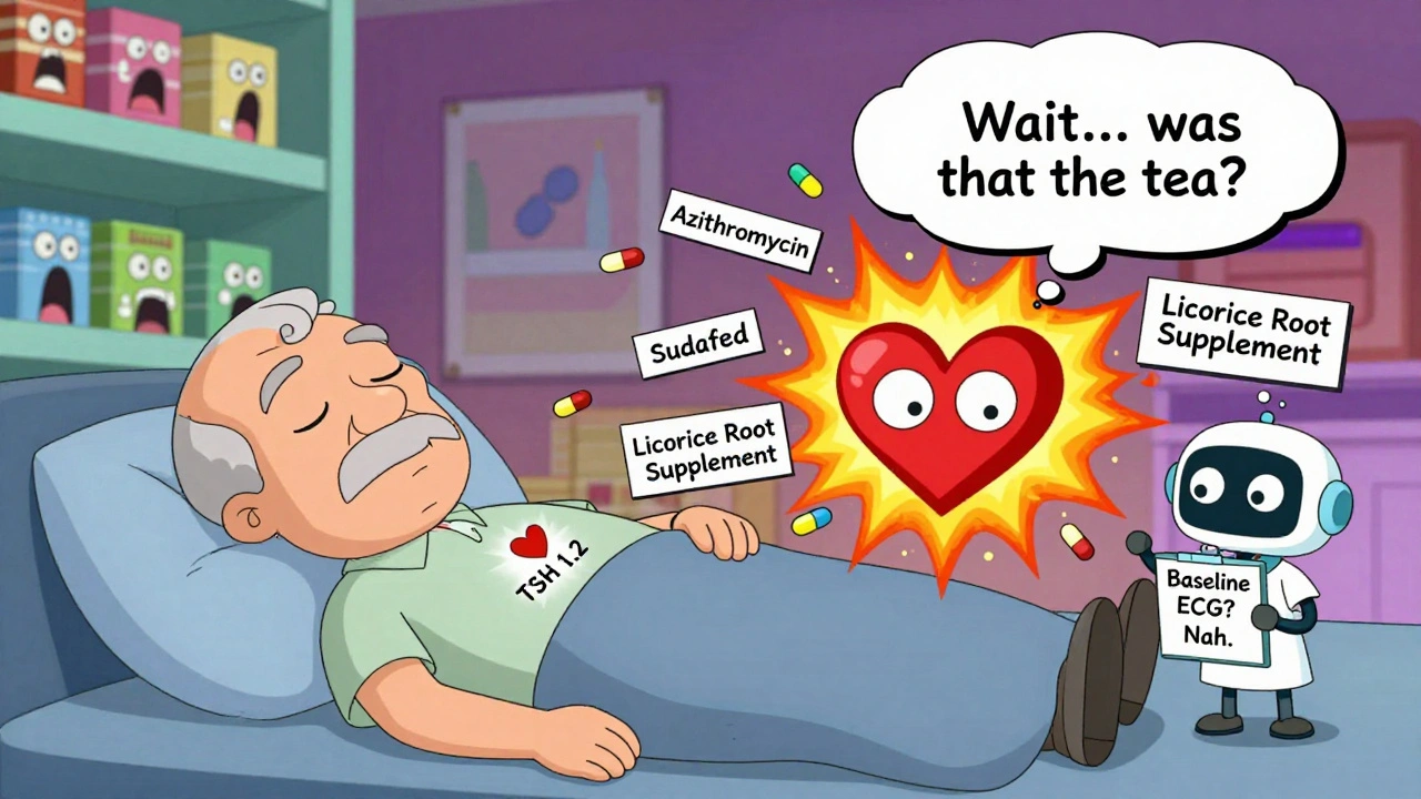 Split scene: calm man sleeping vs. same man with exploding heart, surrounded by pills and a robot nurse holding a sign.