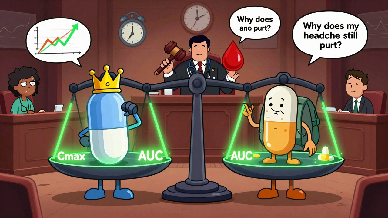 Two cartoon drugs on trial before a judge, balanced by Cmax and AUC on a glowing scale.