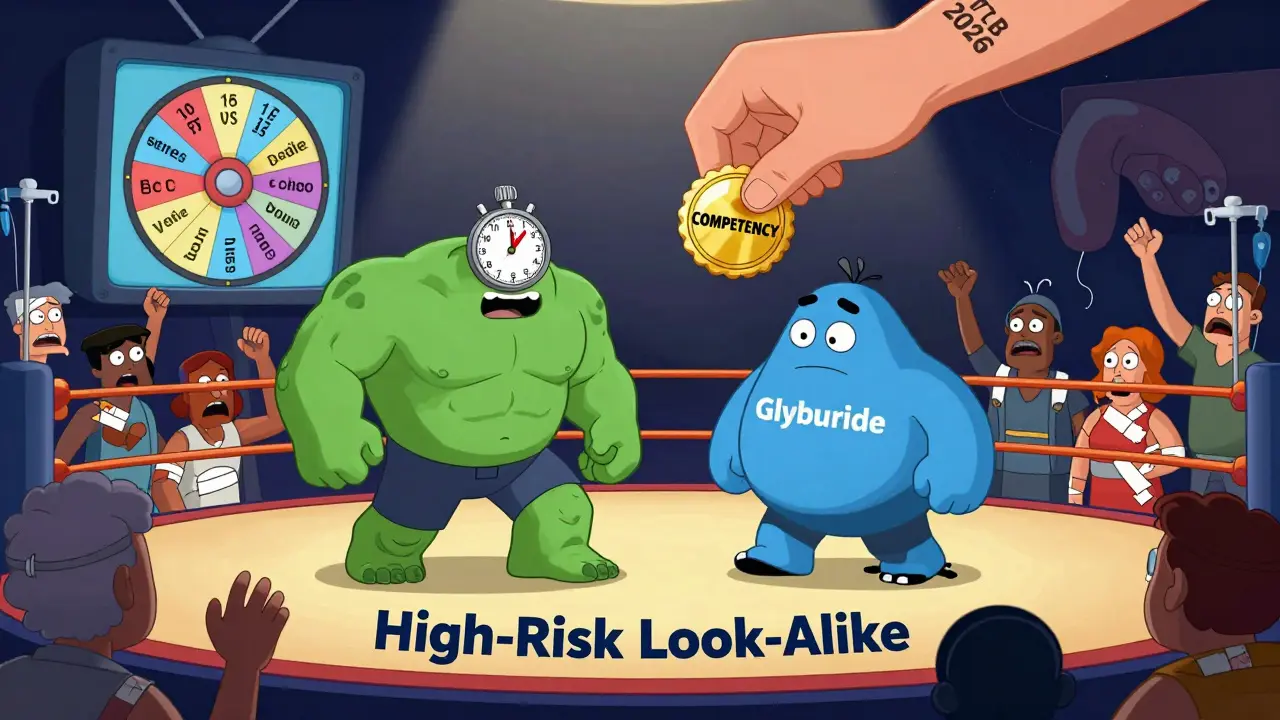Two pill monsters wrestling in a ring labeled 'High-Risk Look-Alike' while patients cheer and a golden competency badge falls from above.