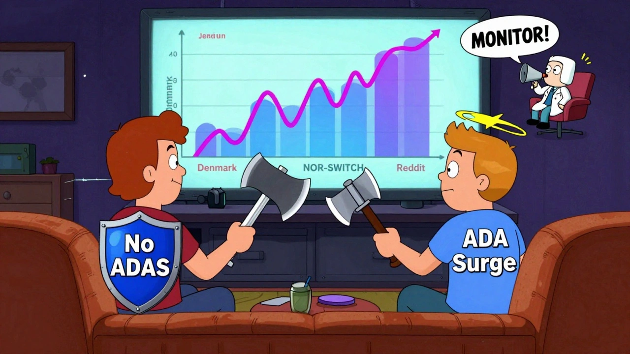 Two versions of a patient fighting over a syringe-shaped battle axe, with a wobbly graph and a doctor yelling 'MONITOR!' in the background.