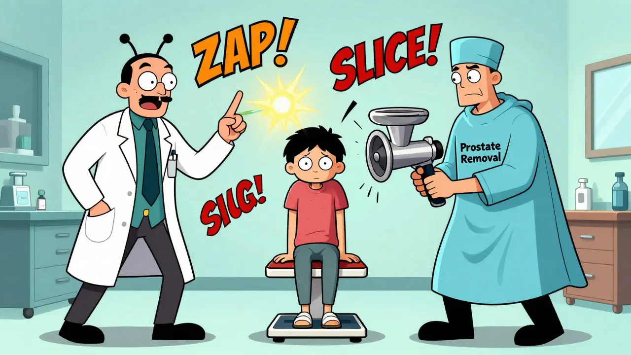 Two wild doctors argue in a surreal office while a patient sits on a tipping scale labeled 'Quality of Life vs. Survival'.