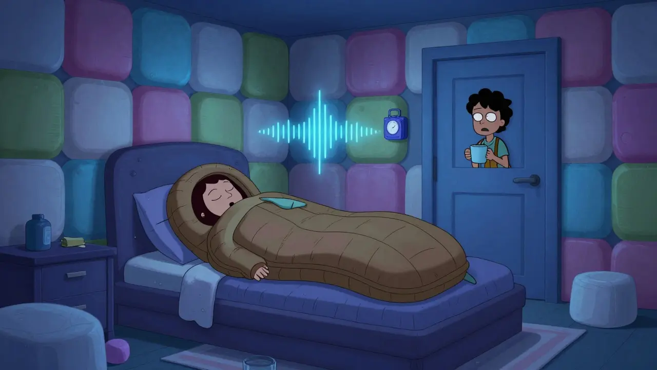 A bedroom with foam-padded walls and a person in a sleeping bag, guarded by a door alarm and nightlight.