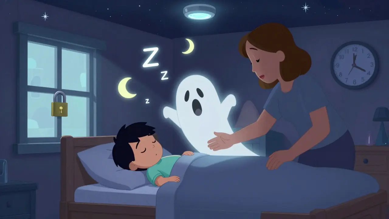 A calm adult guiding a sleepwalker back to bed with ghostly hands, surrounded by safety features in a surreal room.