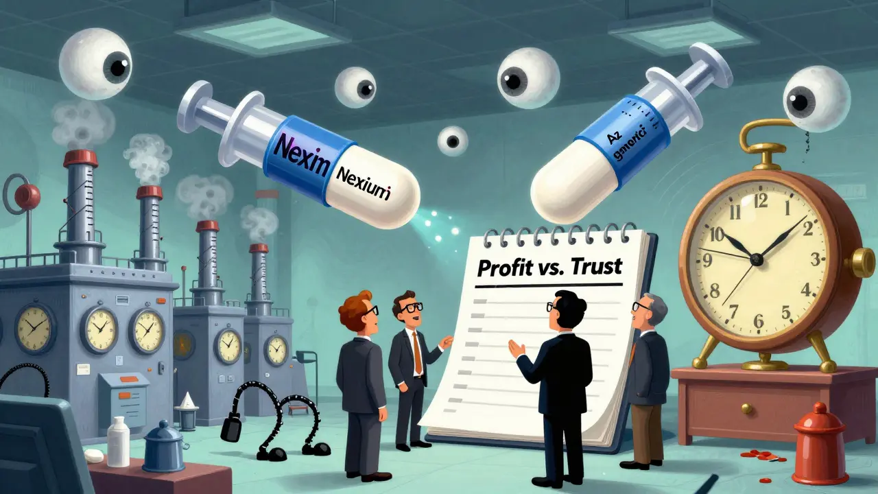 A cartoon factory produces two identical pills with different labels as executives argue over a ledger.