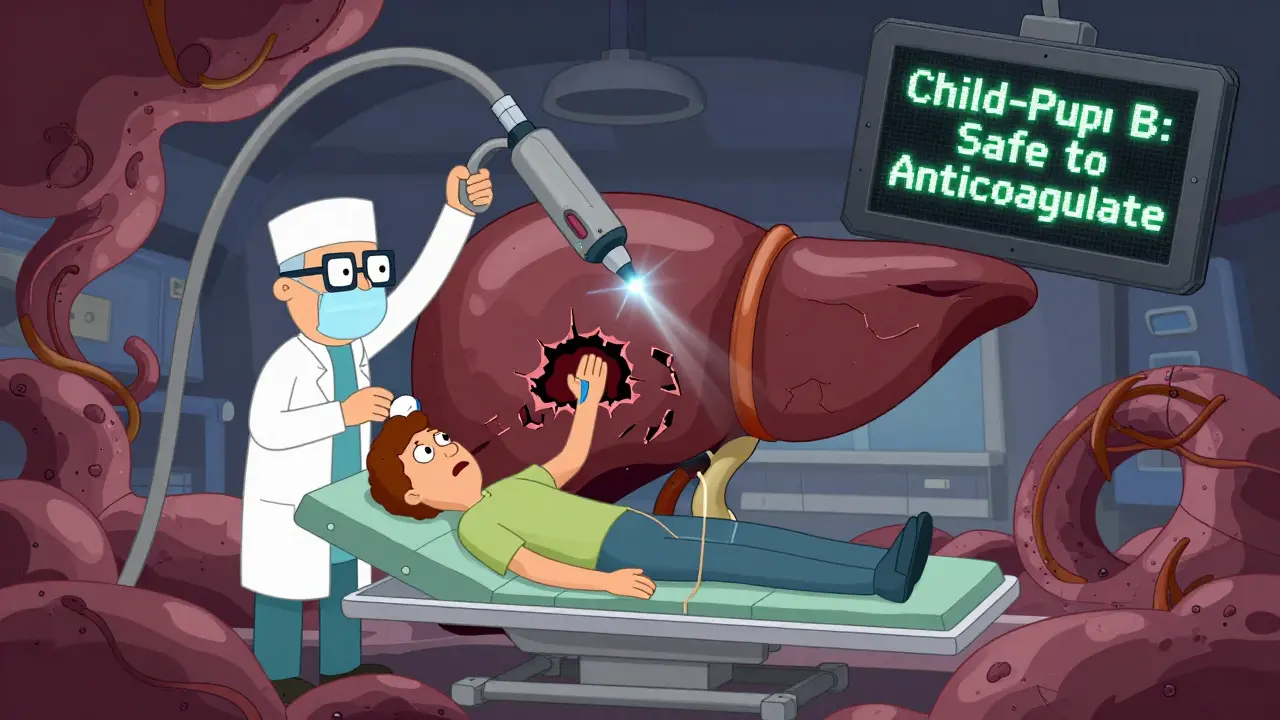 A cirrhotic liver with bulging varices being treated by a doctor using a giant endoscope in a surreal medical scene.