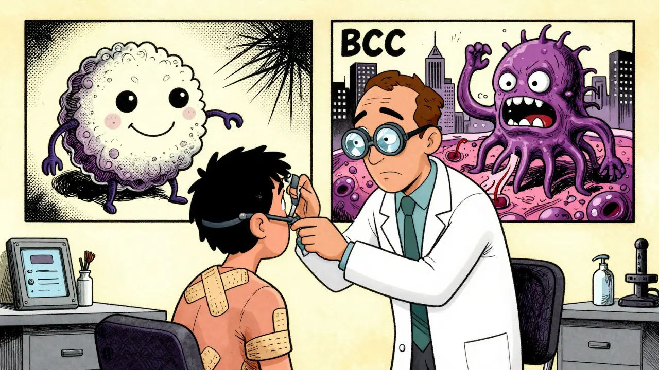 A dermatologist examining a patient with comic-style panels showing basal vs. squamous cell carcinoma as characters.