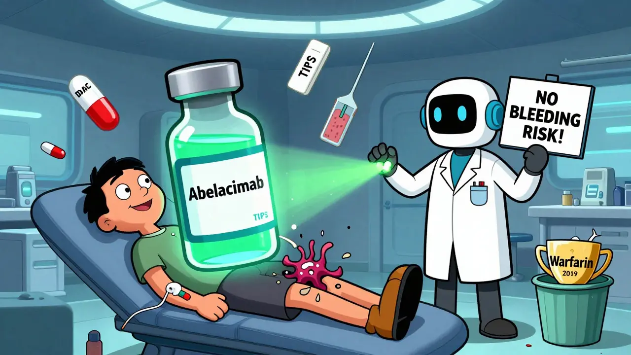A futuristic drug called Abelacimab dissolving a clot in a neon-lit lab, with floating medical icons and shattered old pills.