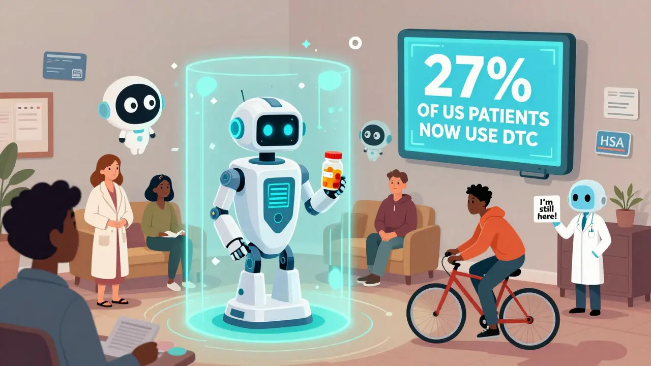 A futuristic robot delivers meds to people at home while AI chatbots remind them to refill their prescriptions.