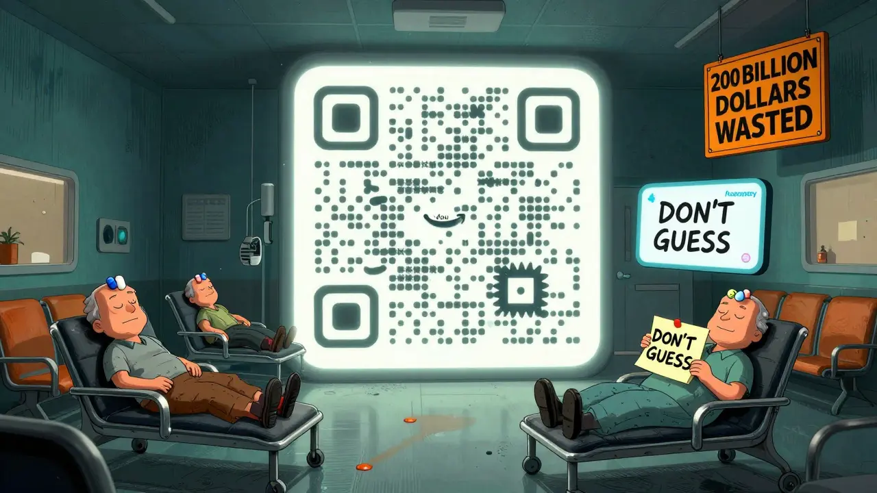 A giant QR code plays video instructions as a voice label speaks to a senior, with a sticky note saying 'DON'T GUESS' nearby.