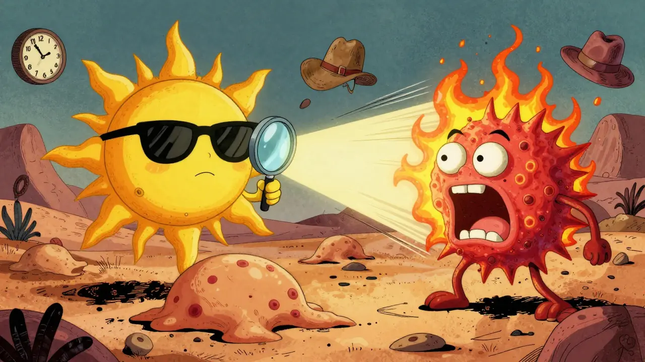 A giant sun casting two different beams on slow-growing and aggressive skin cancer growths in a surreal desert.