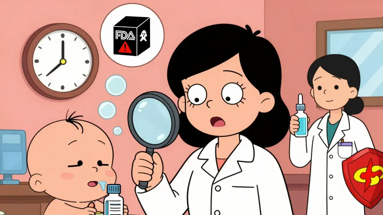 A mom examining a medicine label as her baby's face turns into a sleepy monster, with a floating FDA warning and a lactation consultant holding a saline spray.