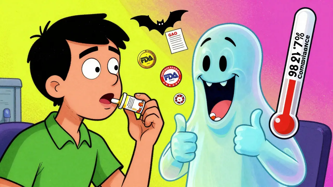 A patient swallows a generic pill as the brand version smiles inside their throat with FDA badges floating around.