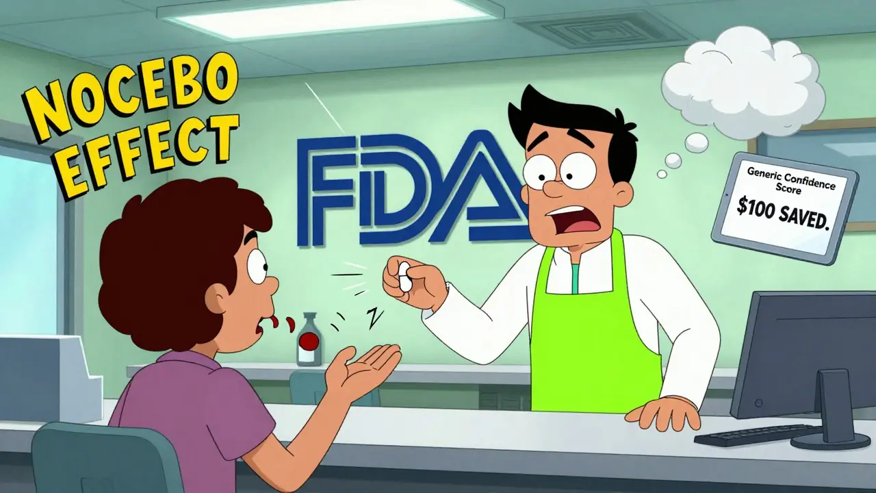 A pharmacist hands a pill to a patient transforming into an anxiety monster, with floating text about cost and side effects.