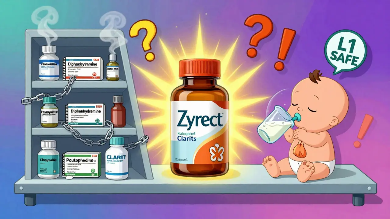 A pharmacy shelf split into dangerous, safe, and glowing medications, with a peaceful baby under a safety badge and radiant rays.