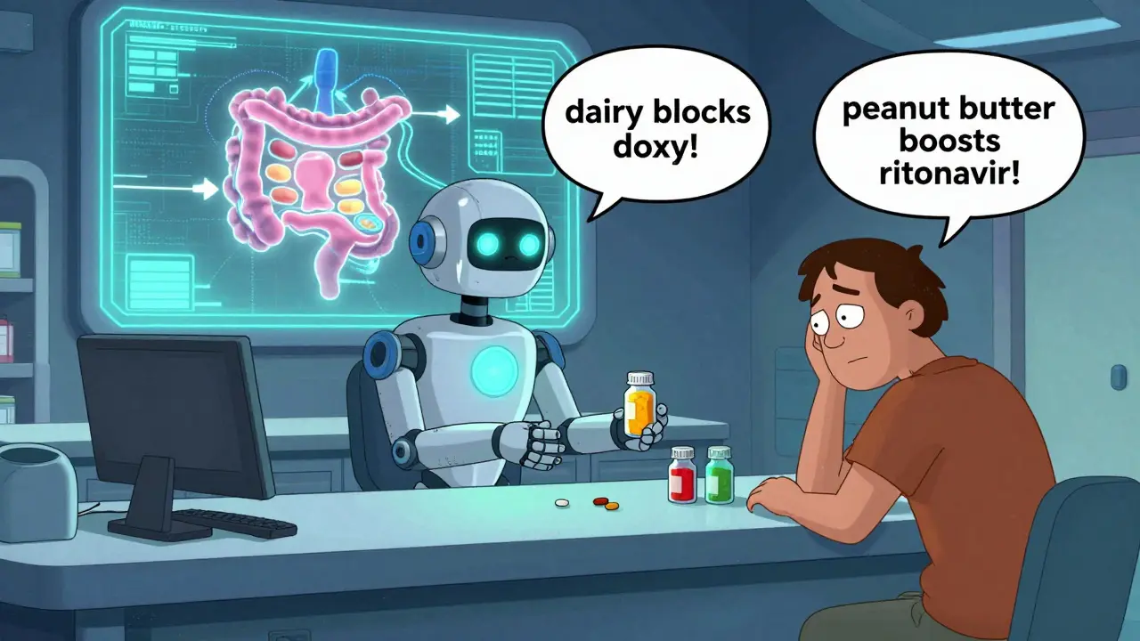 A robot pharmacist handing color-coded pill bottles to a patient, with a holographic gut biome display behind them.