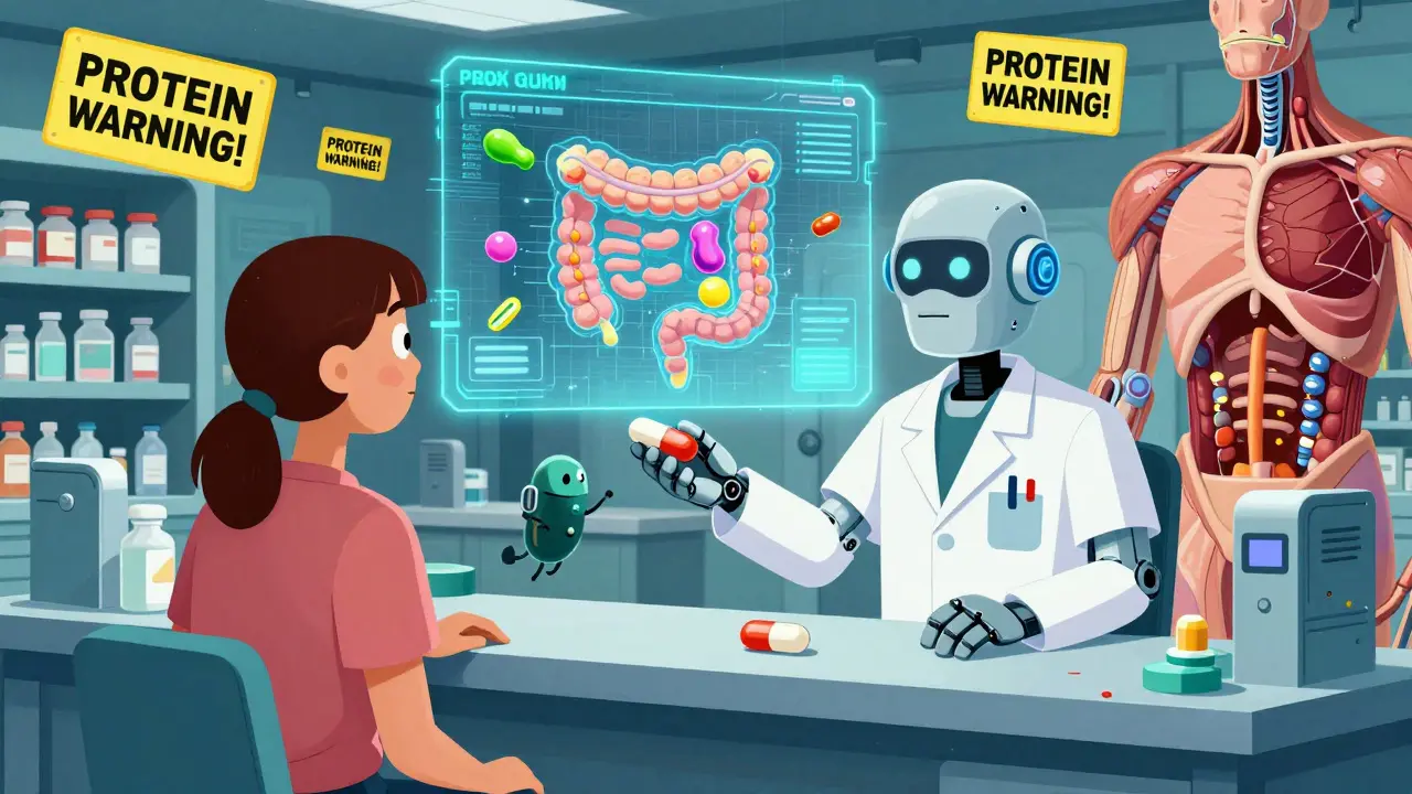 A robotic pharmacist gives a pill with a probiotic sidekick, while a hologram shows gut transporters dodging protein blockers.