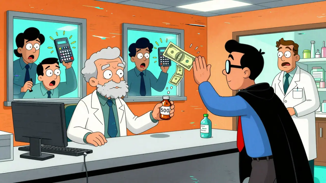 A senior watches a 0 pill turn into 0 at a pharmacy counter with shocked insurers watching.