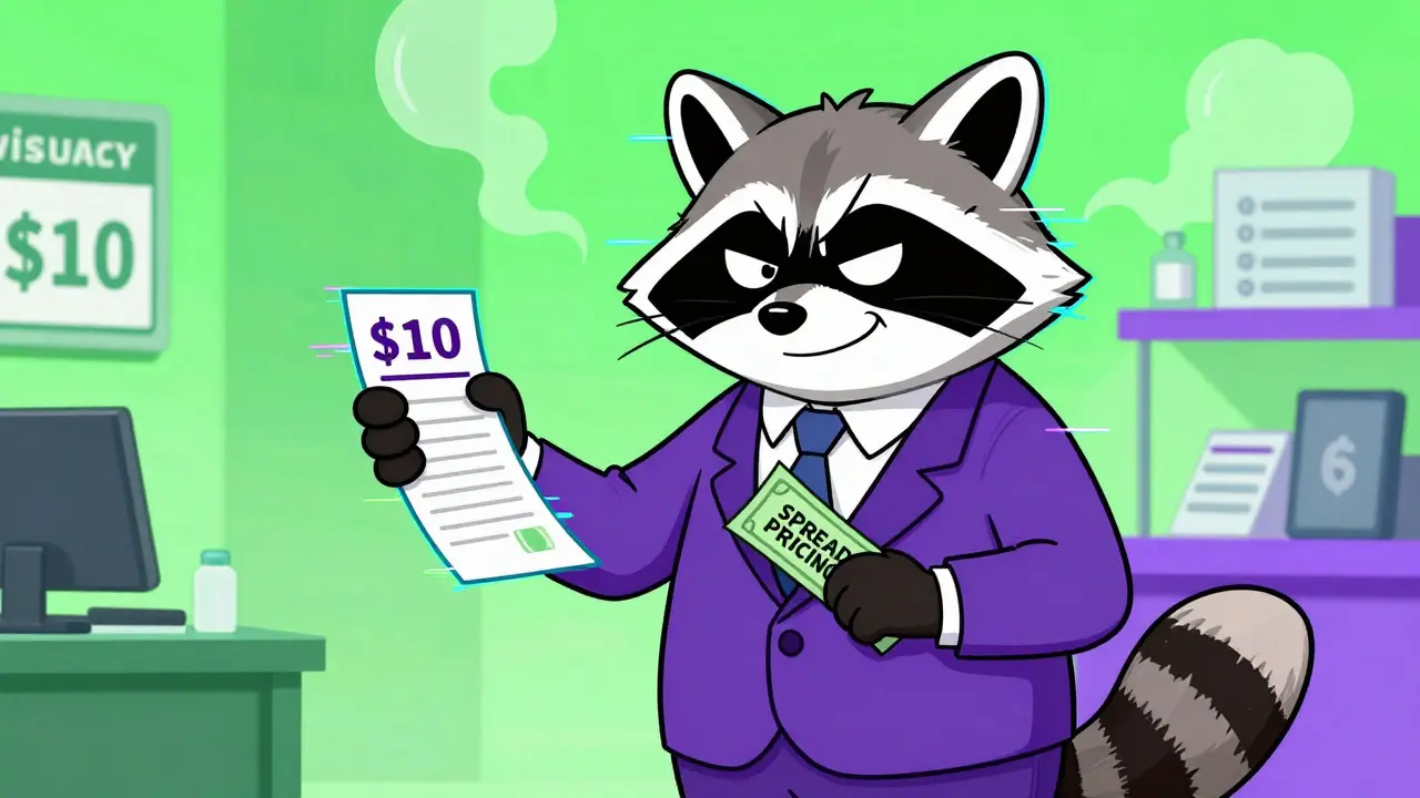 A sneaky raccoon PBM mascot secretly pocketing cash between insurer and pharmacy.