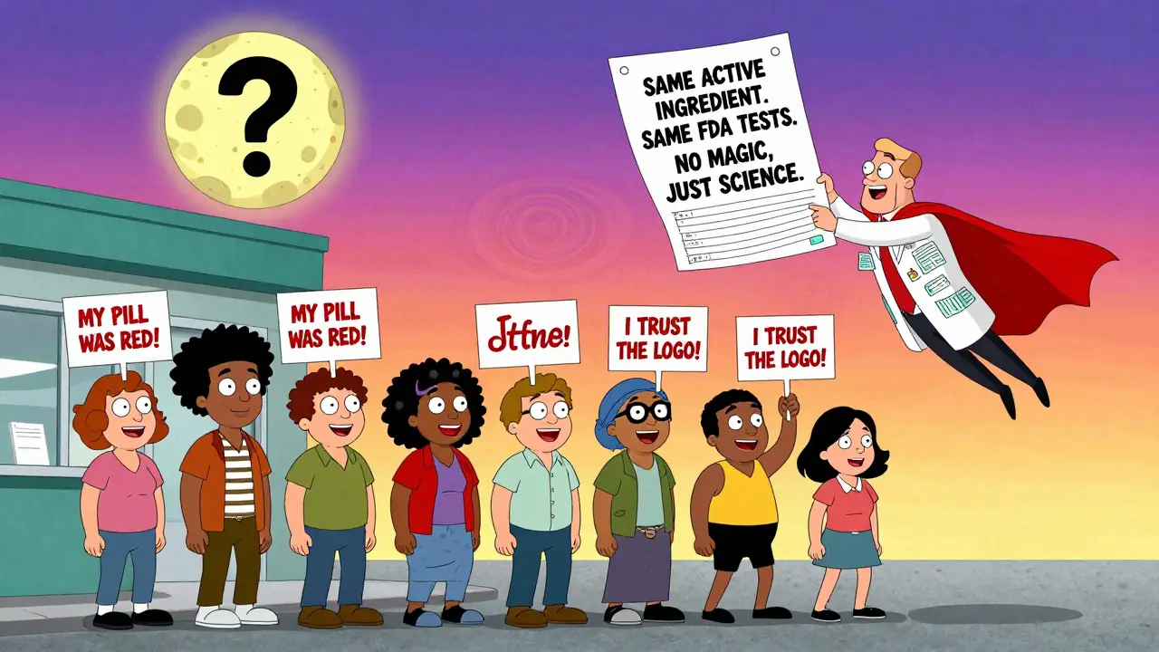 A superhero pharmacist drops a script to patients holding signs about pill color and brand trust, under a question mark moon.