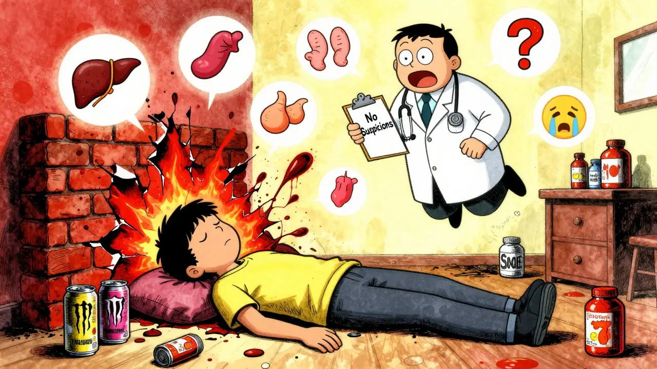 A teen collapses in his bedroom as his heart turns into a crumbling wall, surrounded by supplement cans and floating medical icons.