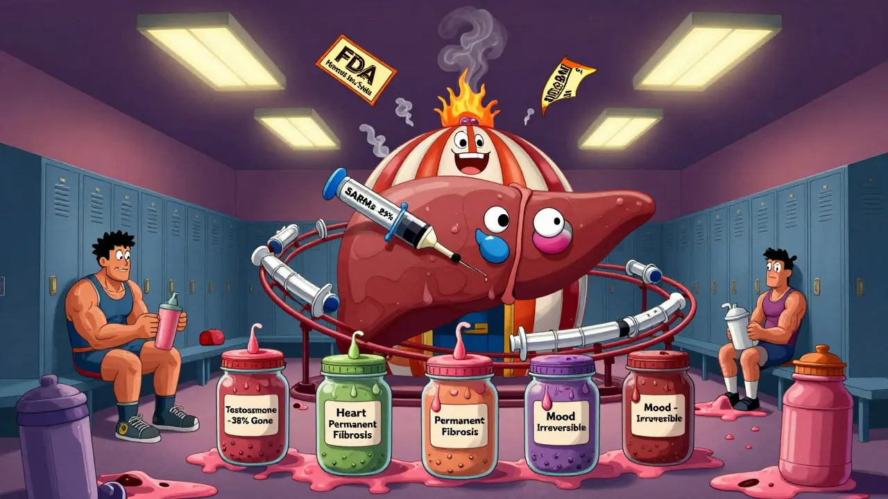 Athletes melt into jars labeled with permanent damage while a giant fake SARMs pill rides a syringe rollercoaster in a surreal locker room.