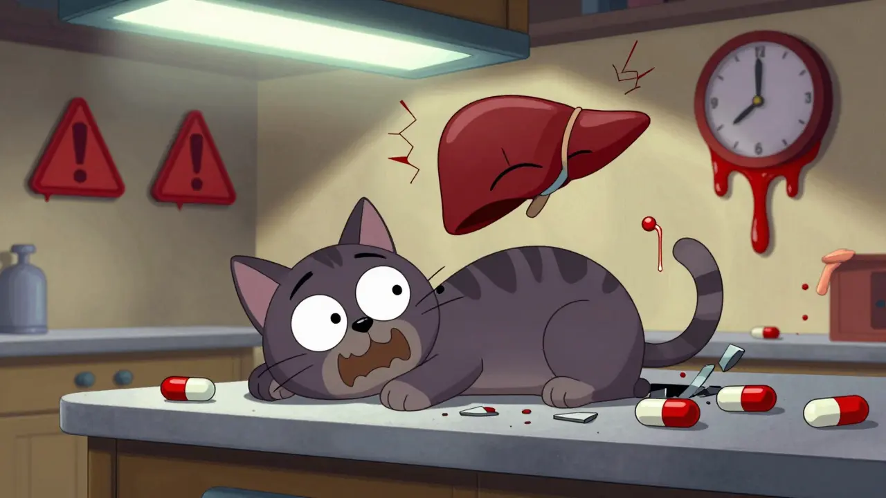 Cat with brown gums and floating damaged liver, Tylenol capsules scattered on counter