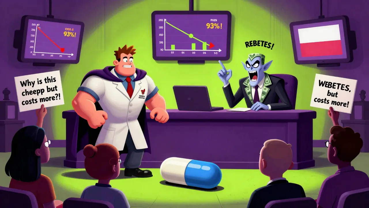 Courtroom scene with a generic pill on trial, defended by a pharmacist, prosecuted by a PBM villain made of money, confused patients as jury.