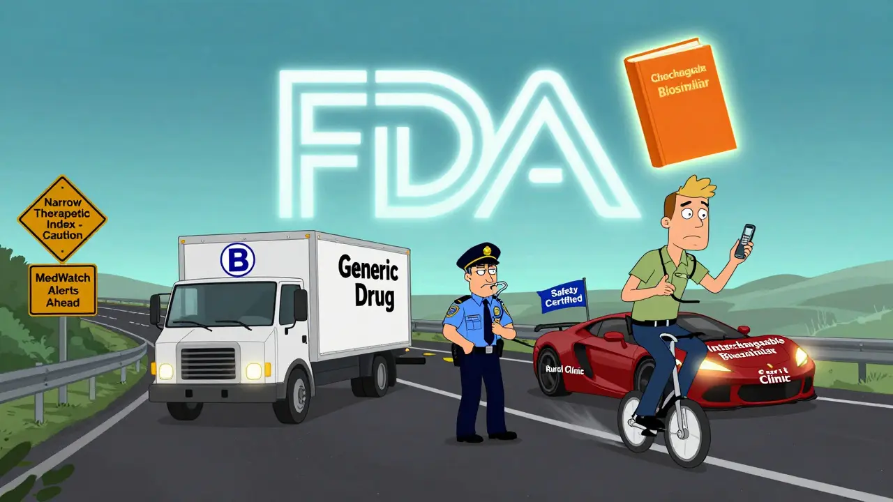 Delivery truck with 'B' sticker pulled over on highway lined with drug safety signs, next to a sleek biosimilar car.