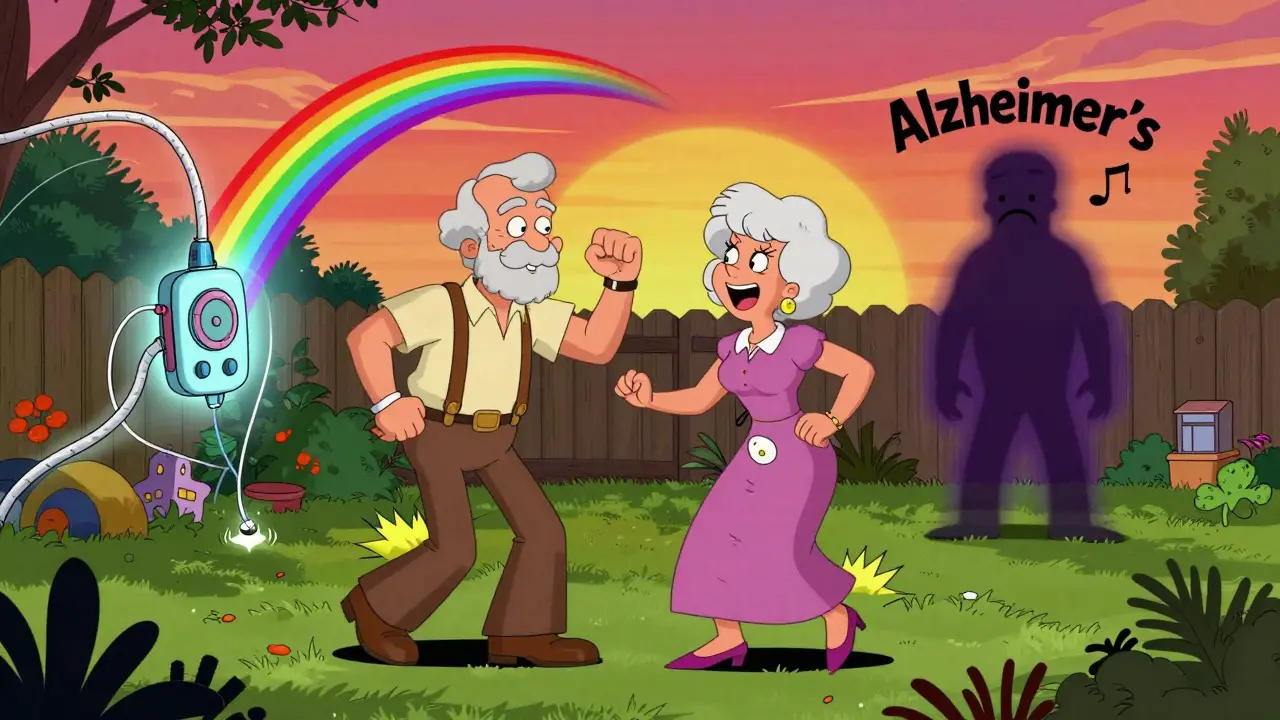 Elderly couple dancing in garden after shunt surgery, glowing shunt device pulses above them, Alzheimer’s figure fading in background.