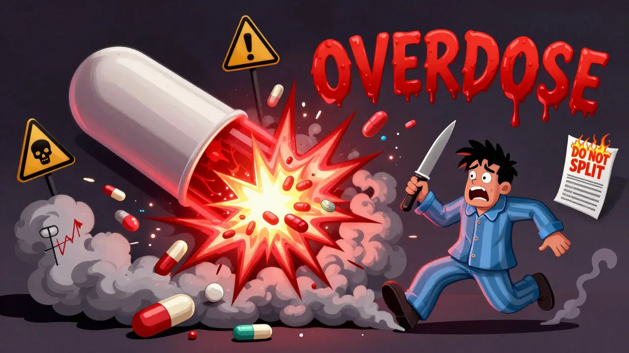 Exploding extended-release pill with warning symbols as person runs away in panic.