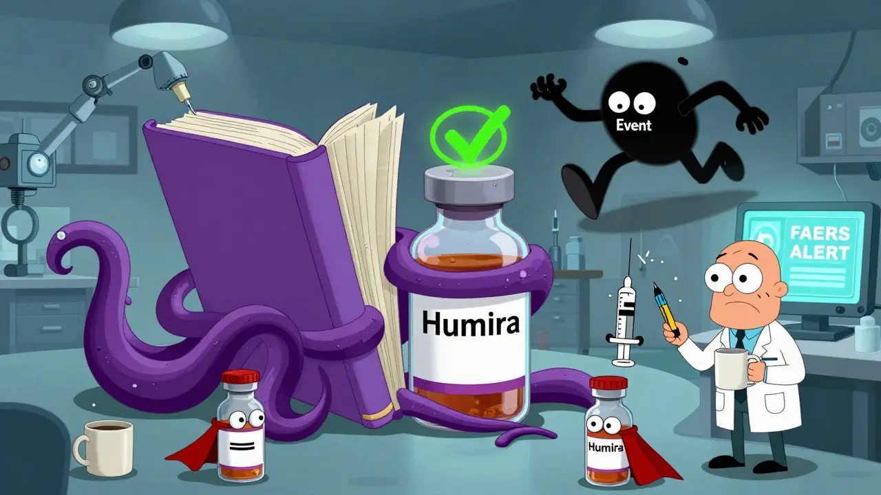 Giant Purple Book with tentacles surrounded by cartoon biosimilars, one with a green halo, chased by a safety monster.