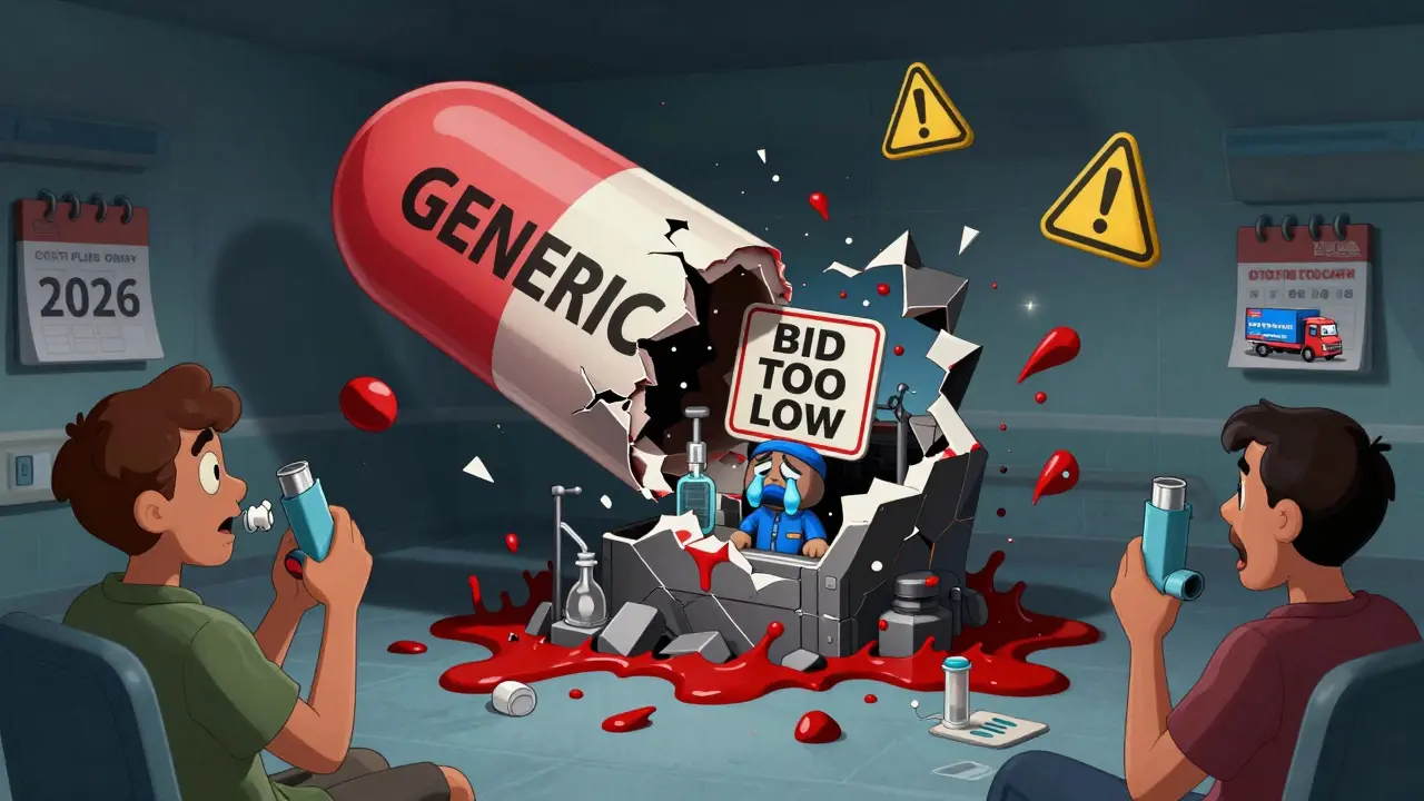 Hospital patients with empty inhalers as a cracked generic pill reveals a crying factory worker.