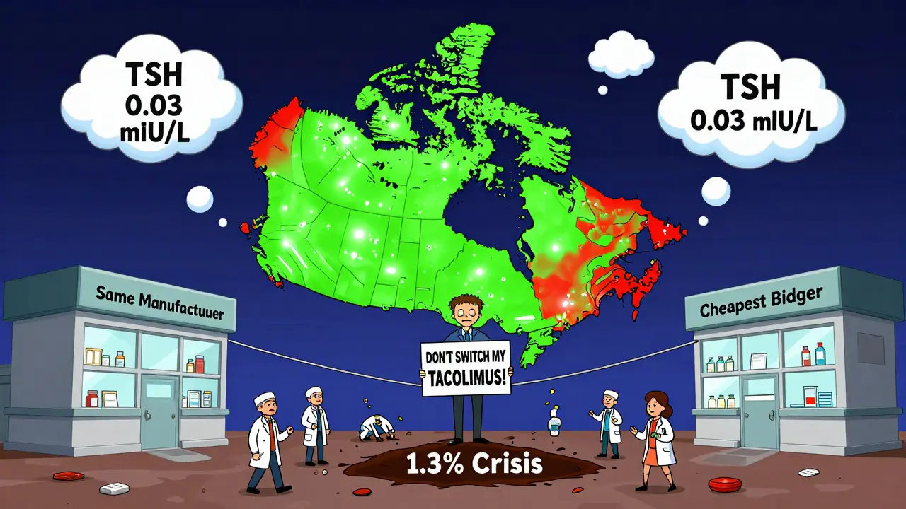 Map of Canada showing restricted vs. automatic drug substitution states on a tightrope