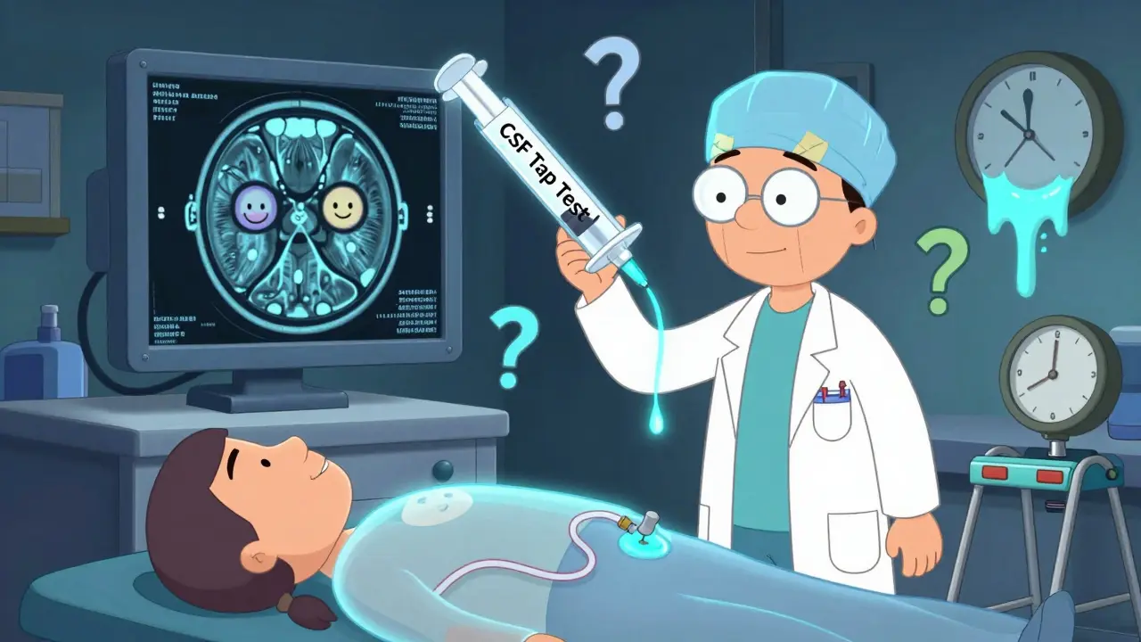 Neurosurgeon draining glowing fluid from patient's head with giant syringe, MRI screen shows smiling ventricles, shunt tube snakes to belly.